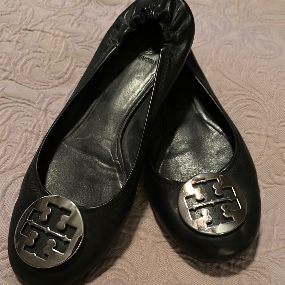 Tory Burch Black Leather Flats with Logo
